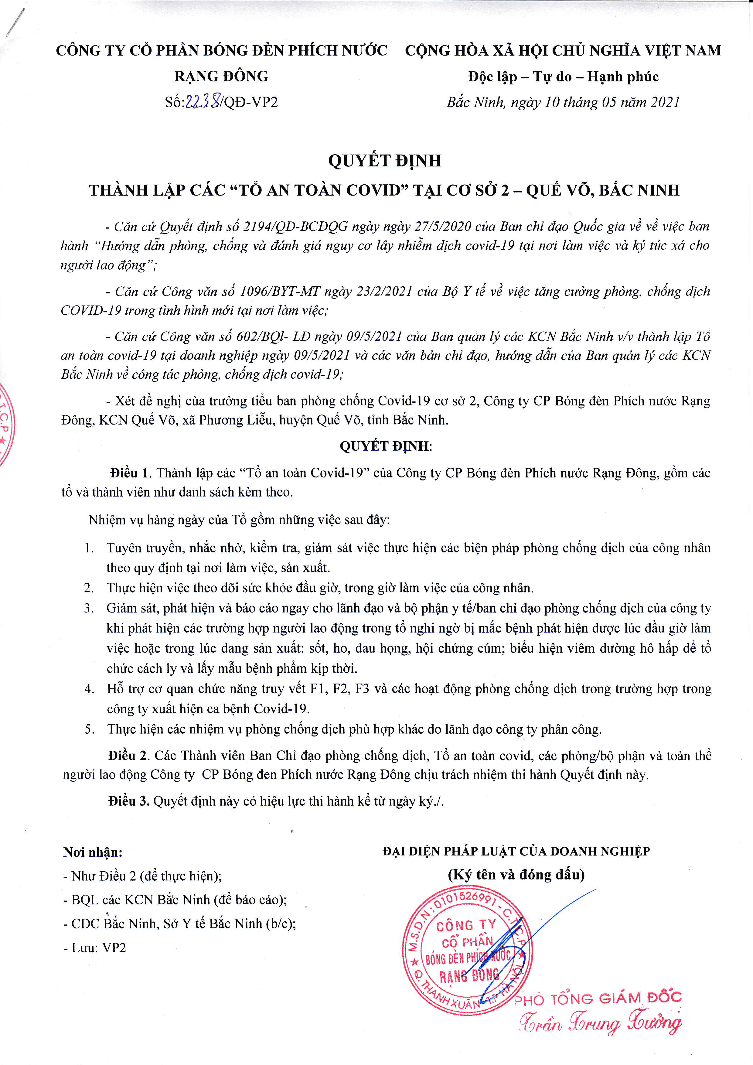 QĐ thành lập "Tổ an toàn covid" tại cơ sở 2