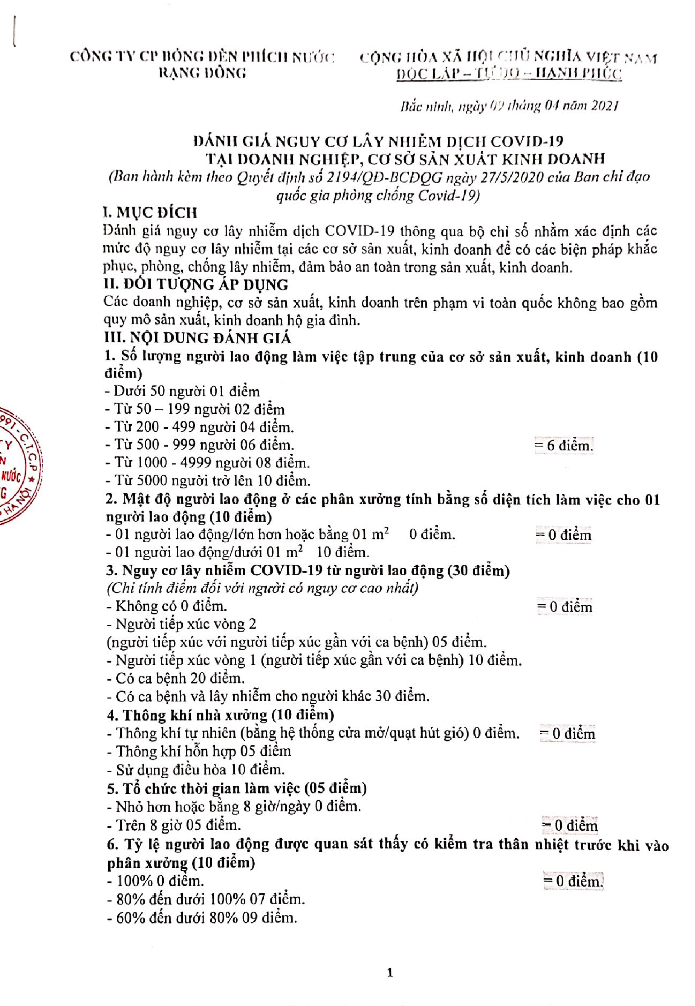 Đánh giá nguy cơ lây nhiễm dịch covid-19 tại doanh nghiệp, cơ sở sx kinh doanh