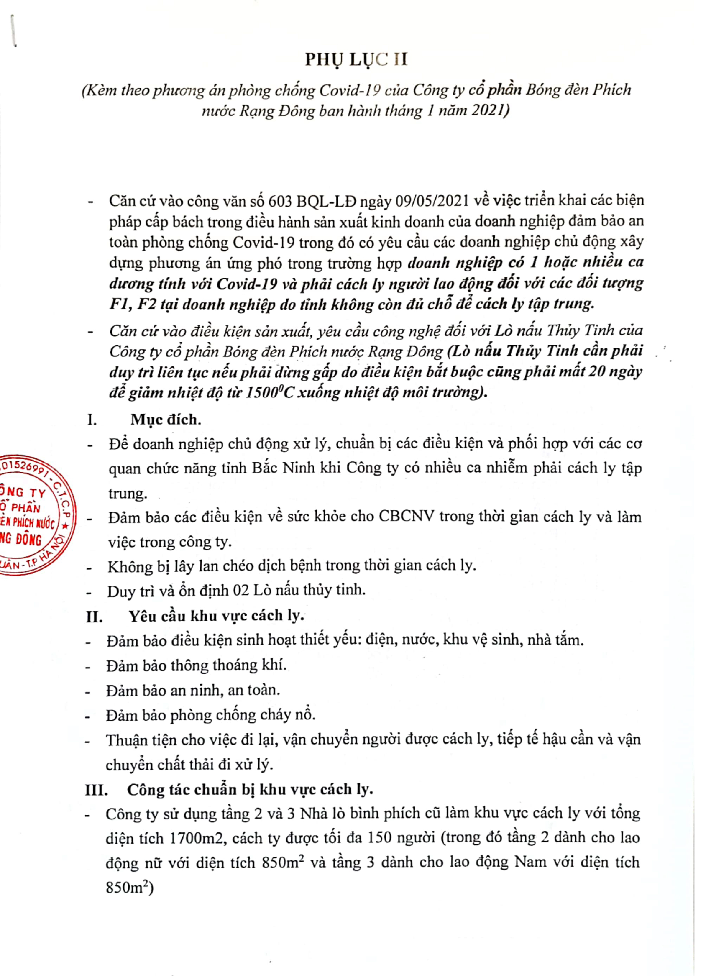 Phụ lục II - Kèm theo phương án phòng chống Covid-19 của Công ty ban hành tháng 1 năm 2021